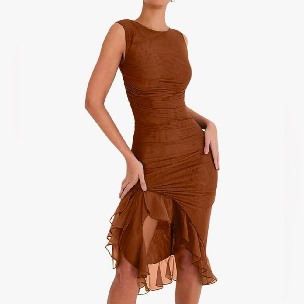 Brown Ruffle Bodycon High Slit Midi Dress Size Small